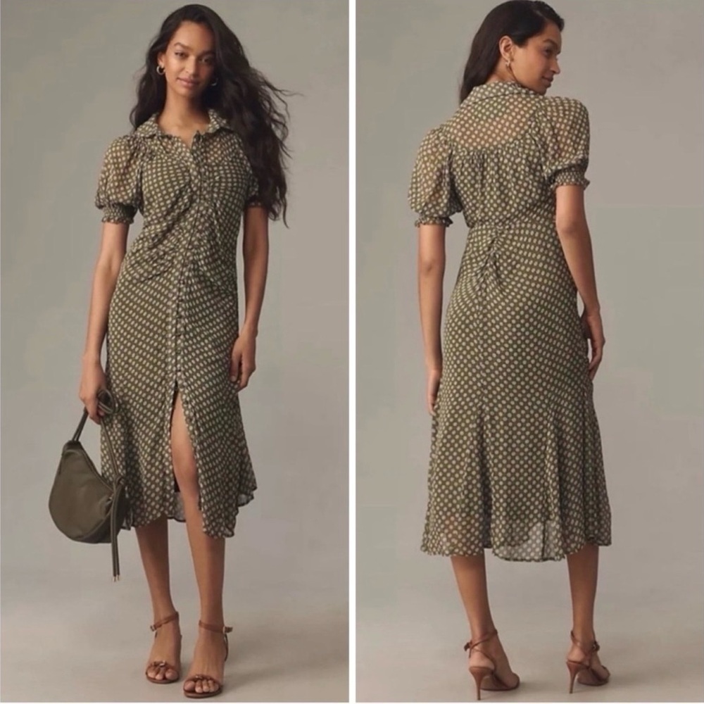 ANTHROPOLOGIE Floral Button Down Ruched Midi Shirt Dress Cottagecore 4P VGUC